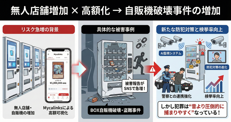 無人店舗の増加 × 高額化 → 自販機破壊事件の増加